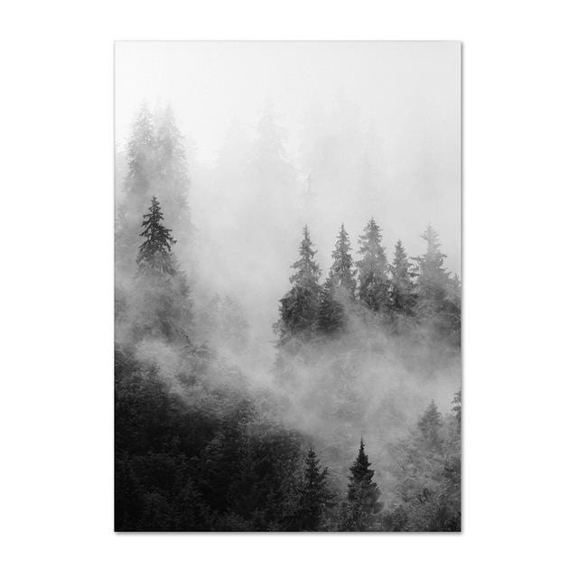 Forest Prints Black and White Nature Scandinavian Wall Art Canvas Painting Modern Minimalist Landscape Foggy Mountain Posters