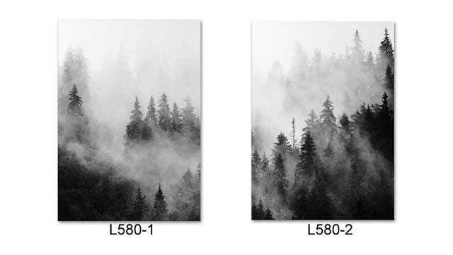 Toile d'art mural scandinave en noir et blanc, imprimés de forêt, peinture sur toile, paysage minimaliste moderne, affiches de montagne brumeuses