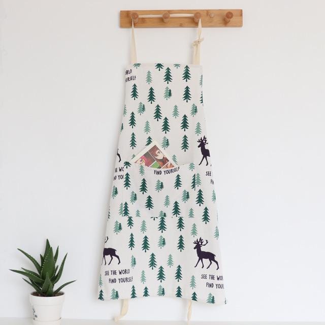 Nordic Style Apron Christmas Tree Deer Printing Brief Adult Apron with Big Pocket Kitchen Baking Cooking Accessories Bib Aprons