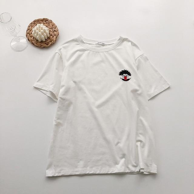 T-shirt manches longues pour femmes, ample et basique, avec broderie de dessin animé coréen, Simple, harajuku Kawaii, drôle pour étudiante, automne