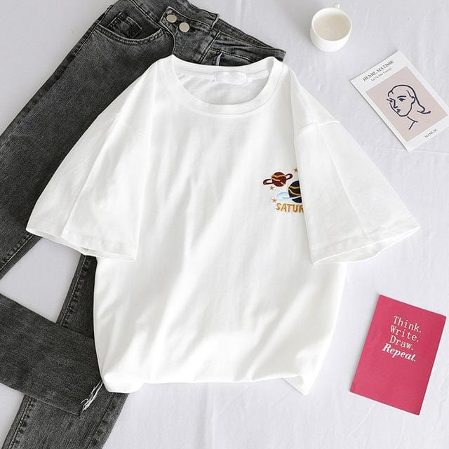 T-shirt manches longues pour femmes, ample et basique, avec broderie de dessin animé coréen, Simple, harajuku Kawaii, drôle pour étudiante, automne