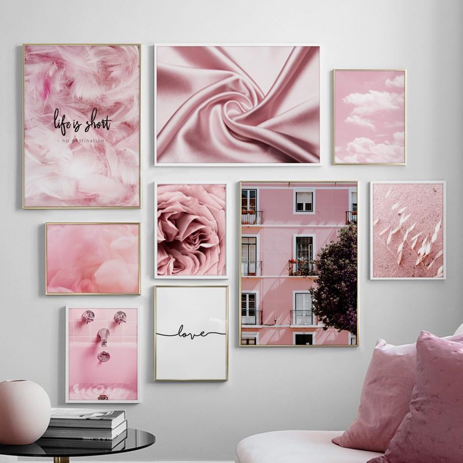 Pink Feather Peony Silk Building Sky Wall Art Canvas Painting Nordic Posters And Prints Wall Pictures For Living Room Home Decor