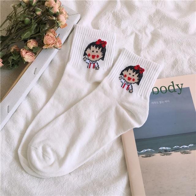 Chaussettes en coton pour femmes, personnage de dessin animé, motif de personnage féminin, courtes et mignonnes, Hipster, mode, imprimé Animal, cheville