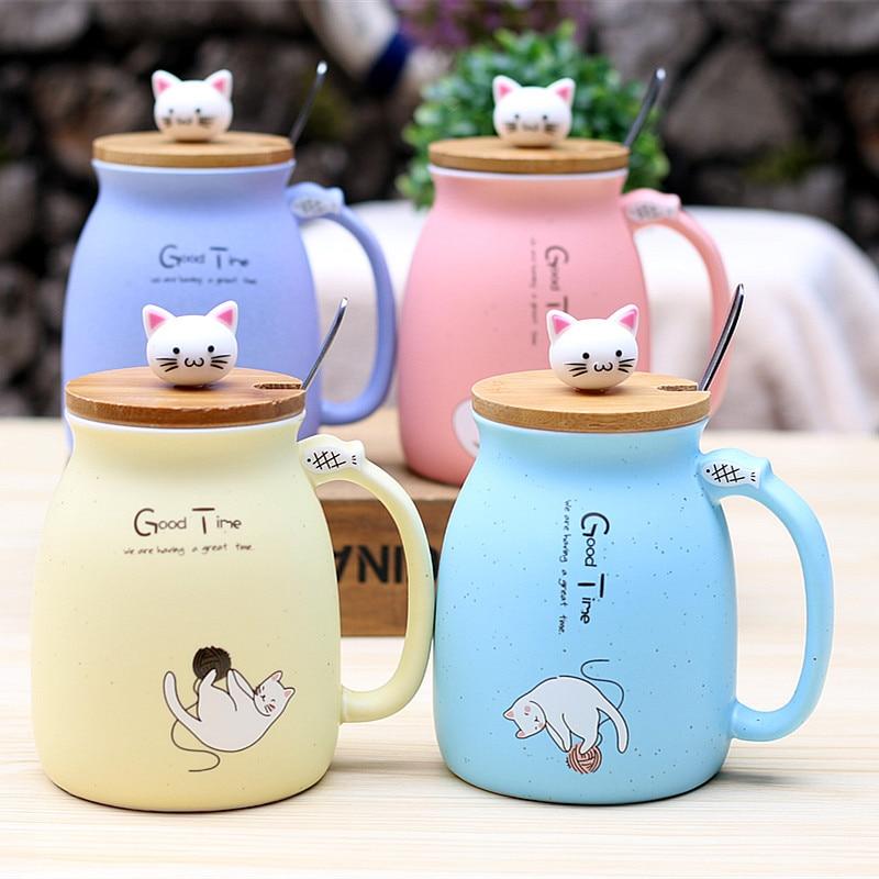 450ml Cartoon Ceramics Cat Mug With Lid and Spoon Coffee Milk Tea Mugs Breakfast Cup Drinkware Novelty Gifts