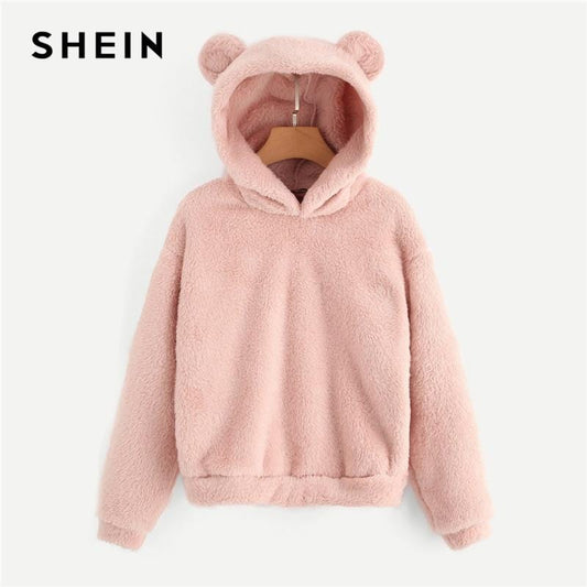 SHEIN Preppy belle avec des oreilles d'ours solide Teddy sweat à capuche pulls sweat automne femmes Campus pulls décontractés