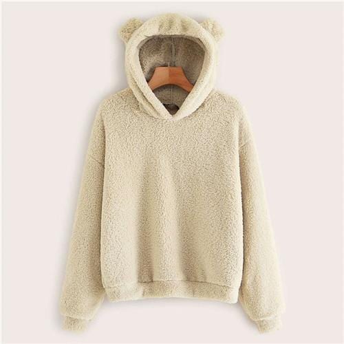 SHEIN Preppy Lovely With Bears Ears Solid Teddy Hoodie Pullovers Sweatshirt Autumn Women Campus Casual Sweatshirts