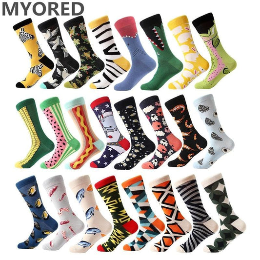 1 pair men socks combed cotton cartoon animal bird shark zebra corn watermelon sea food geometric novelty funny socks