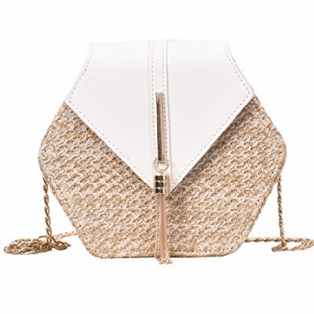 Sac à main hexagonal en paille et cuir pour femmes, sac d'été en rotin tissé à la main, cercle de plage bohème, sac à bandoulière, nouvelle mode