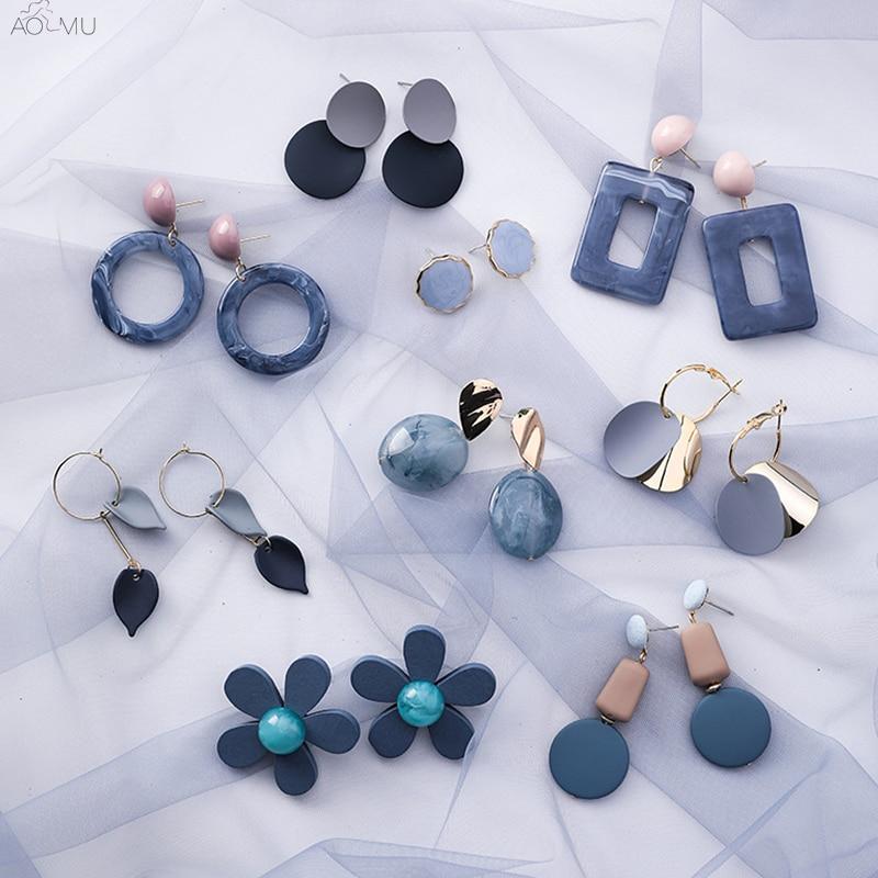 AOMU Korean Blue Geometric Acrylic Irregular Hollow Circle Square Dangle Drop Earrings for Women Metal Bump Party Beach Jewelry