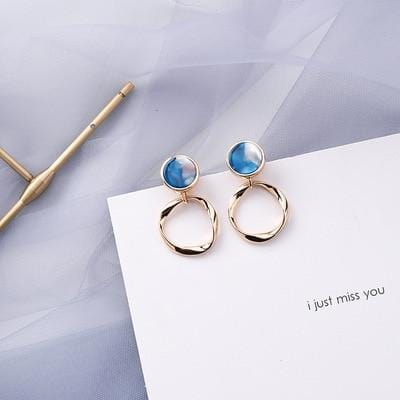 AOMU Korean Blue Geometric Acrylic Irregular Hollow Circle Square Dangle Drop Earrings for Women Metal Bump Party Beach Jewelry