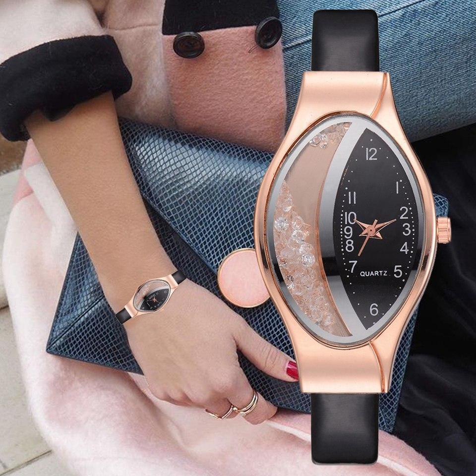 Women Fashion Luxury Watch Leather Strap Women Bracelet Clock Ellipse Rhinestone PU Sport Quartz Watch Wrist Watches For Women