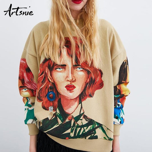 Artsnie streetwear personnage imprimé femmes sweat printemps 2019 col rond à manches longues pull tricoté sweat à capuche surdimensionné