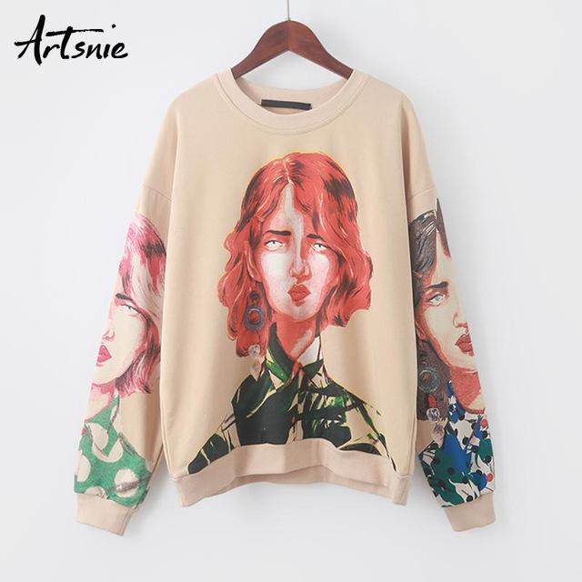 Artsnie streetwear personnage imprimé femmes sweat printemps 2019 col rond à manches longues pull tricoté sweat à capuche surdimensionné