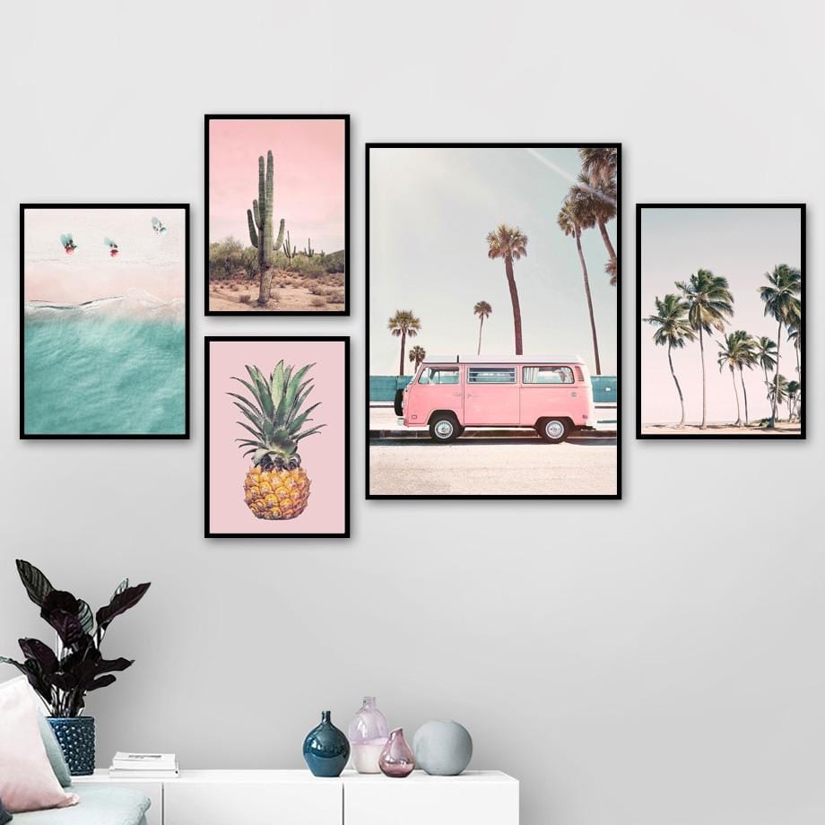 Toile d'art mural avec Bus <span>rose</span> , Cactus, ananas, mer bleue, plage, peinture, affiches et imprimés nordiques, images murales pour décor de salon