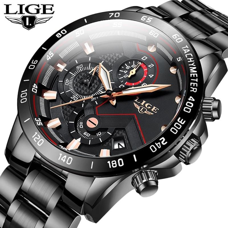 2020 LIGE Fashion Mens Watches Stainless Steel Top Brand Luxury Sport Chronograph Quartz Watch Men Black Watch Relogio Masculino