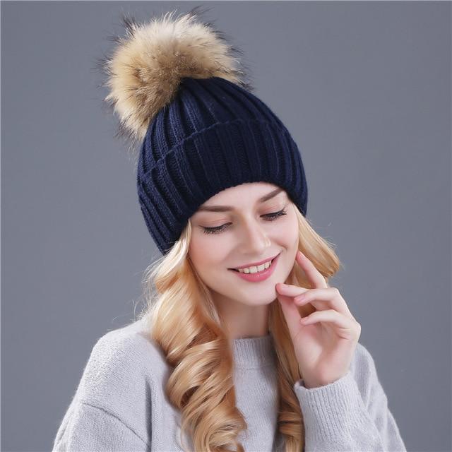 Xtrois vison et fourrure de renard casquette pom poms chapeau d'hiver pour femmes fille chapeau tricoté bonnets casquette flambant neuf épais femme casquette