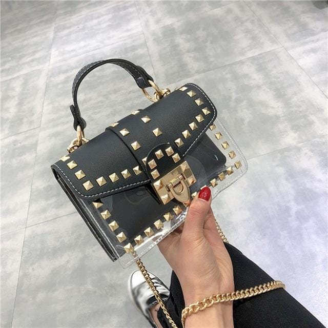 Small clear Brand Designer Woman 2020 New Fashion Messenger Bag Chains Shoulder Bag Female Rivets Transparent Square PU Handbag