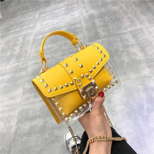 Small clear Brand Designer Woman 2020 New Fashion Messenger Bag Chains Shoulder Bag Female Rivets Transparent Square PU Handbag