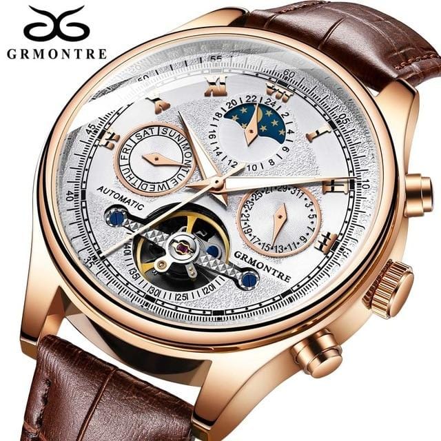 Skeleton Tourbillon Mechanical Watch Men Automatic Classic Rose Gold Leather Mechanical Wrist Watches Reloj Hombre 2018 Luxury