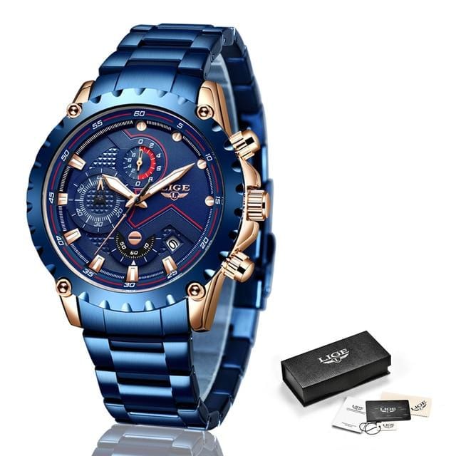 Marca superior lige men relógios moda azul aço inoxidável à prova dwaterproof água relógio esporte masculino cronógrafo reloj hombre