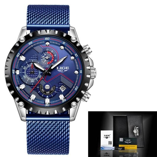 Marca superior lige men relógios moda azul aço inoxidável à prova dwaterproof água relógio esporte masculino cronógrafo reloj hombre