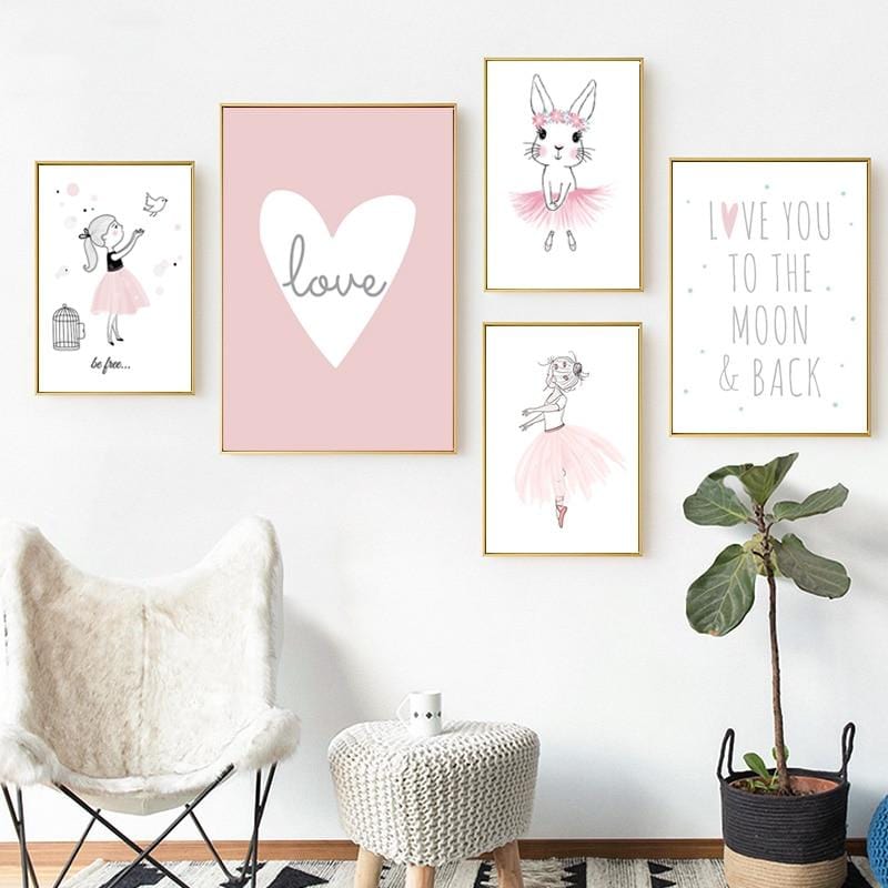 Kids Room Poster Pink Rabbit Children Poster Baby Girl Room Decor Wall Art Canvas Painting Nursery Prints Ballet Bedroom Picture