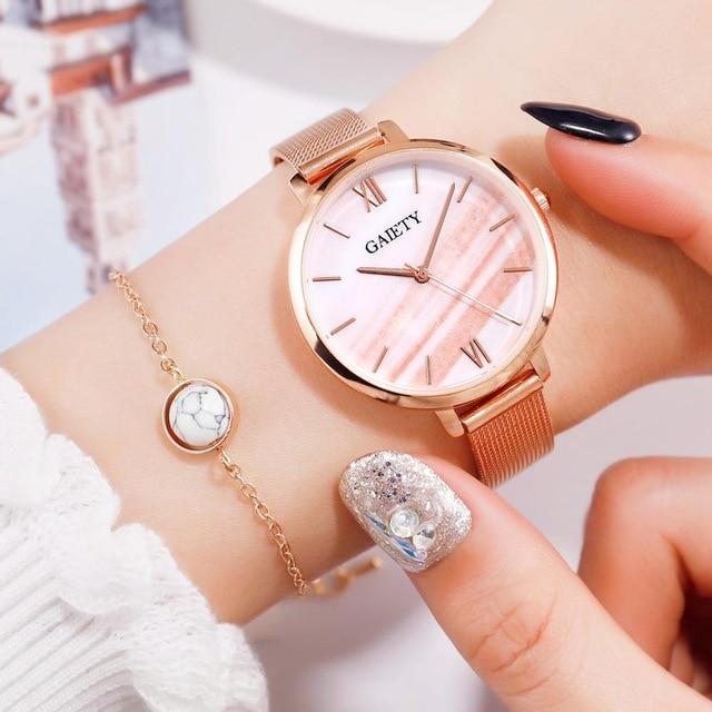 Gaiety Luxury 2 PCS Set Watch Women Rose Gold Water Drill Bracelet Watch Jewelry Ladies Female Hour Casual Quartz Wristwatches