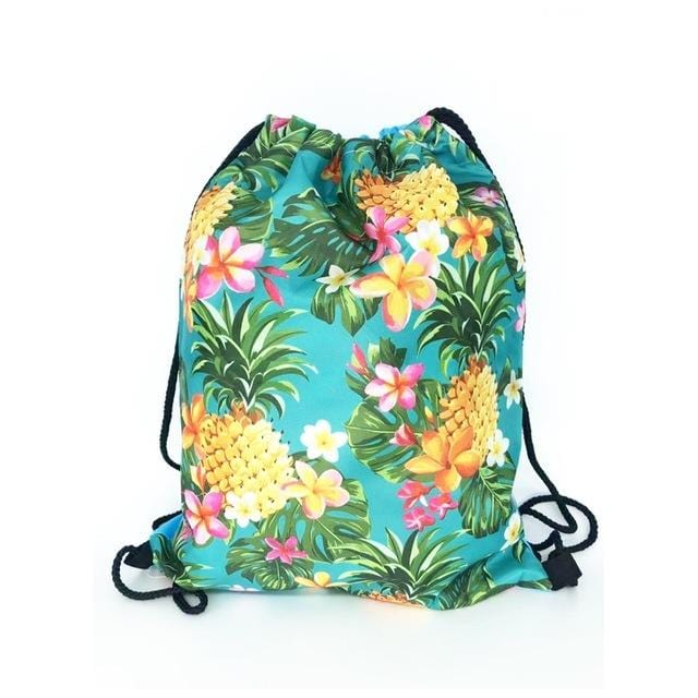 Mochila de cuerdas para mujer, color verde con estampado de piñas y flores, 100% poliéster.