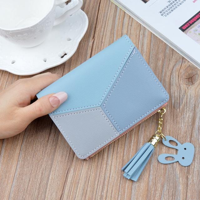 Geometric Women Wallets with Zipper Pink Phone Pocket Purse Card Holder Patchwork Women Long Wallet Lady Tassel Short Coin Purse