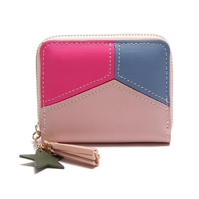 Geometric Women Wallets with Zipper Pink Phone Pocket Purse Card Holder Patchwork Women Long Wallet Lady Tassel Short Coin Purse