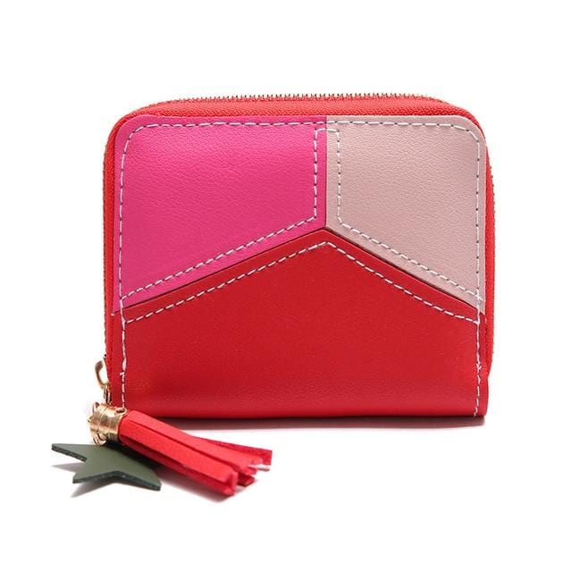 Geometric Women Wallets with Zipper Pink Phone Pocket Purse Card Holder Patchwork Women Long Wallet Lady Tassel Short Coin Purse