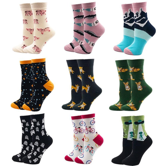 VPM – chaussettes en coton pour femmes, décontractées, mignonnes, Design Streetwear, drôle, Alien, cochon, chien, chat, imprimé spatial, cadeau pour filles