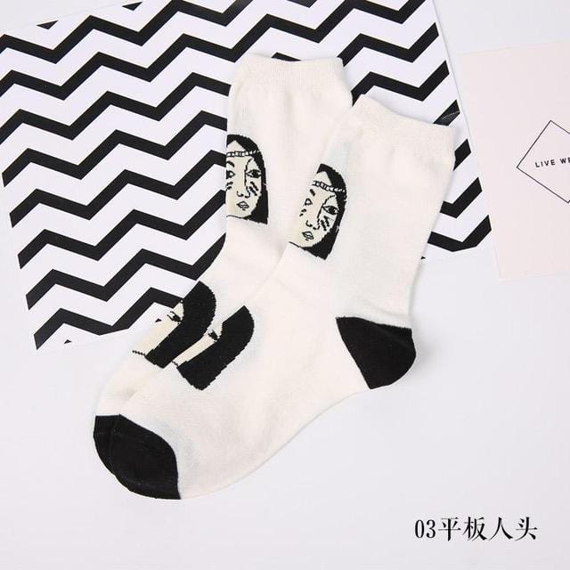 Chaussettes courtes à motifs de tête drôle pour femmes, Style japonais, Cool et Sexy, en coton, Hipster drôle, Art cheville, noir et blanc, Style Harajuku Sox