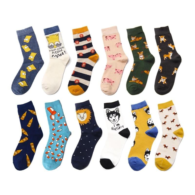 PEONFLY Women Cute Tiger Lion Dog Pig Cartoon Animal Fashion Art Jacquard Stripe Multi Pattern Colorful Happy Casual Cotton Sock