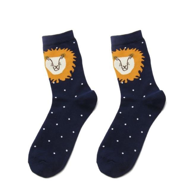 PEONFLY Women Cute Tiger Lion Dog Pig Cartoon Animal Fashion Art Jacquard Stripe Multi Pattern Colorful Happy Casual Cotton Sock