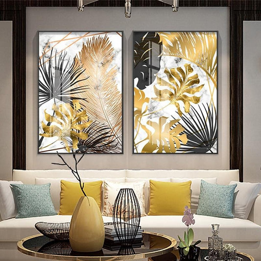 Nordic plants Golden leaf canvas painting posters and print wall art pictures for living room bedroom dinning room modern decor