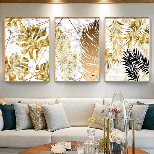 Nordic style Golden leaf canvas painting posters and print modern decor wall art pictures for living room bedroom dinning room