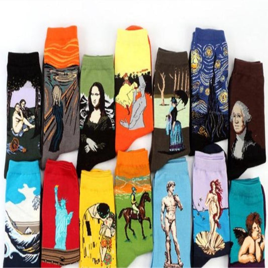 Automne hiver nouveau 3D rétro personnalité Art chaussettes unisexe femmes hommes drôle nouveauté nuit étoilée Vintage chaussettes huile joyeuse chaussettes chaudes