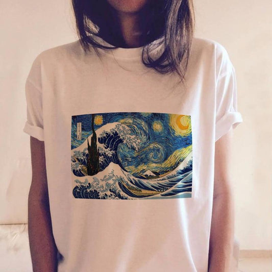 CDJLFH Women Short Sleeve Graphic Tees Tops Vintage T-shirts Vincent van gogh starry night aesthetic White Tshirts Harajuku 2018