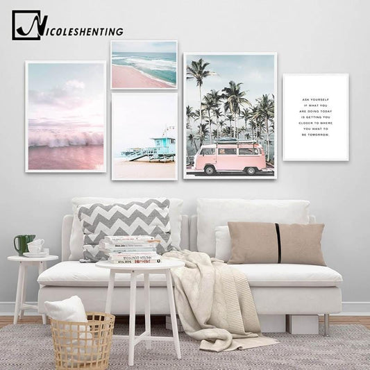 Ozean Landschaft Leinwand Poster Nordic Stil Strand <span>Rosa</span> Bus Wand Kunstdruck Malerei Dekoration Bild Skandinavische Wohnkultur