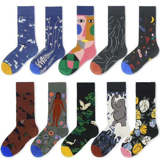 Coton heureux chaussettes femmes cygne paix pigeon oiseau animal chaussettes homme coloré picasso art chaussettes tribu primitive fou hommes chaussette drôle