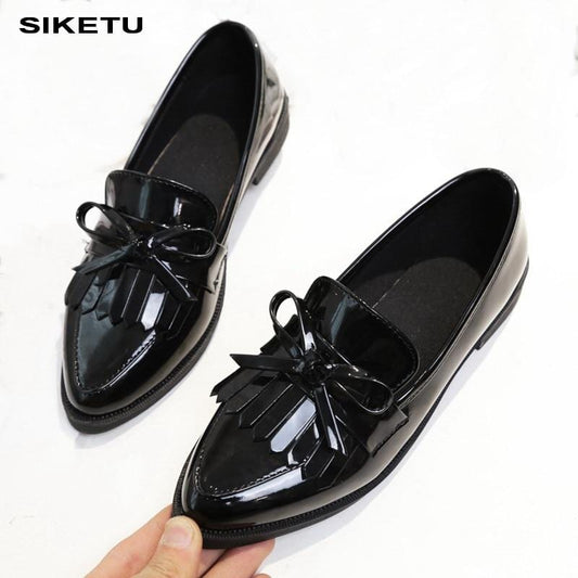 Marque chaussures femme décontracté gland nœud bout pointu noir Oxford chaussures pour femmes appartements confortables sans lacet femmes chaussures cadeau gratuit