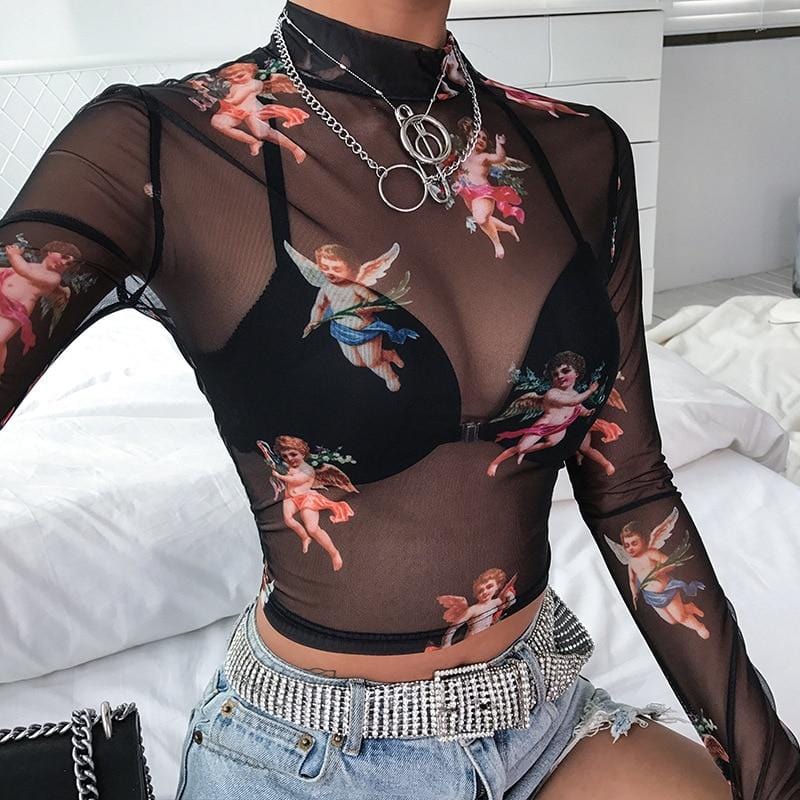 Sexy Transparent Bodycon Long Sleeve T-Shirt Angel Print Cropped Tshirt Mesh Tops Slim Ladies Turtleneck T-Shirt Streetwear Tops