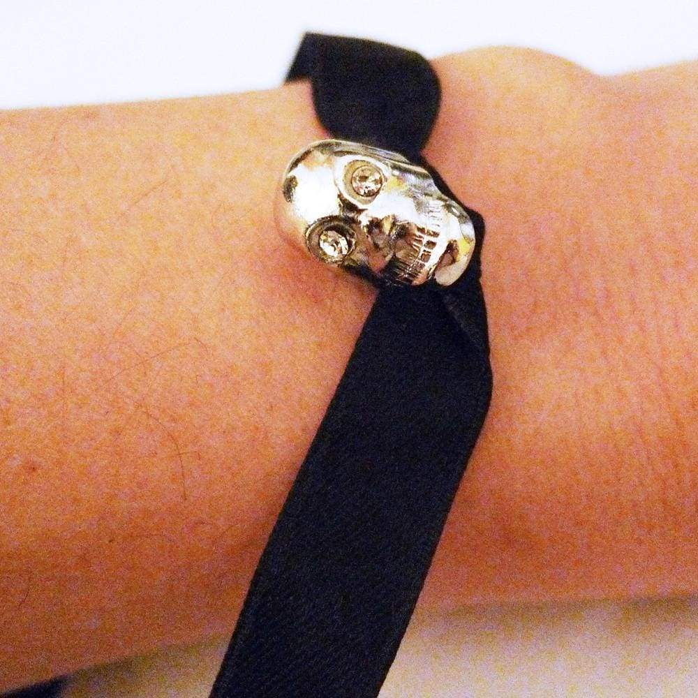 Silver Skull Black Ribbon Bracelet