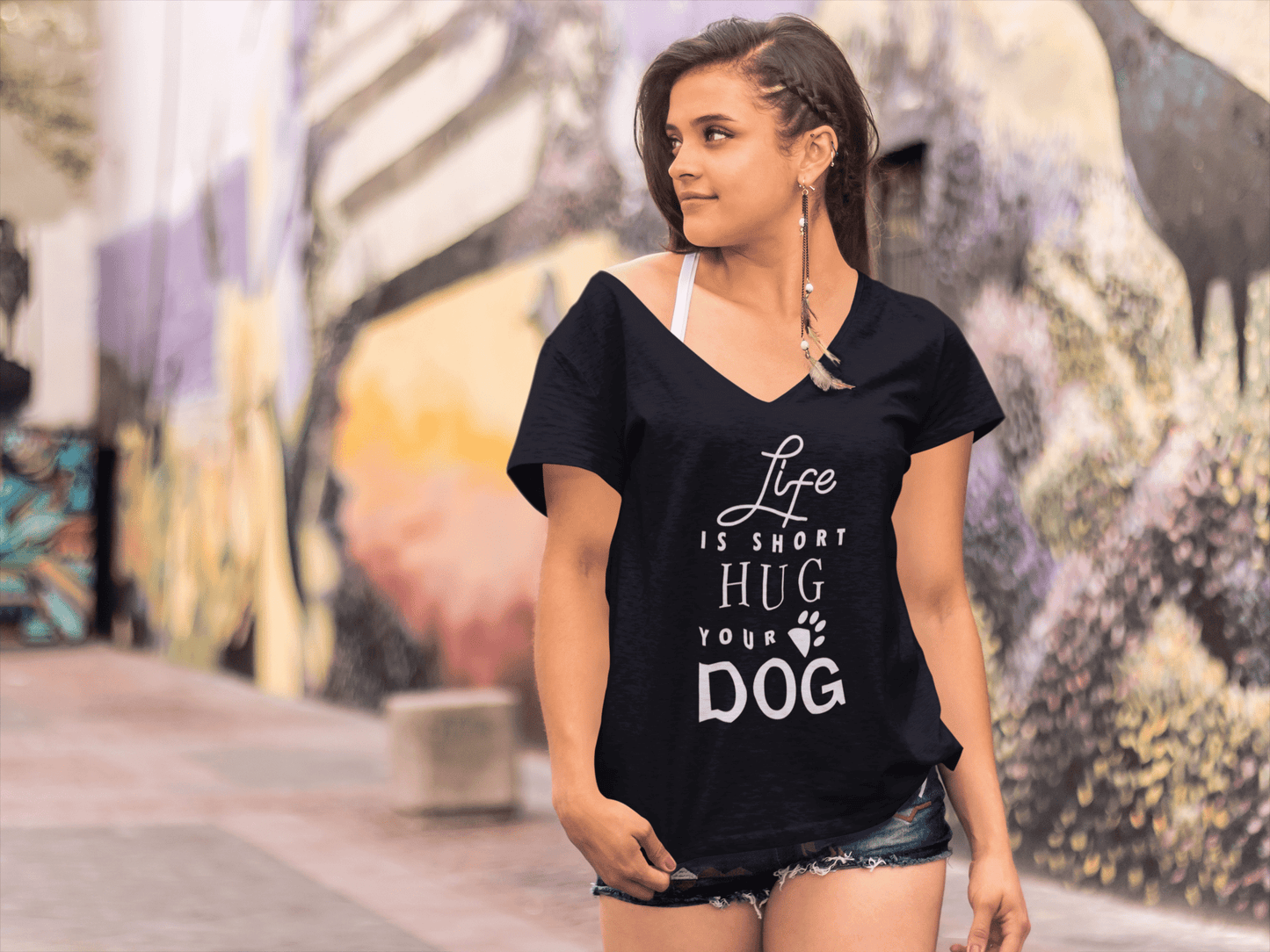 ULTRABASIC Women's T-Shirt Life Is Short Hug Your Dog - Funny Short Sleeve Tee Shirt Tops