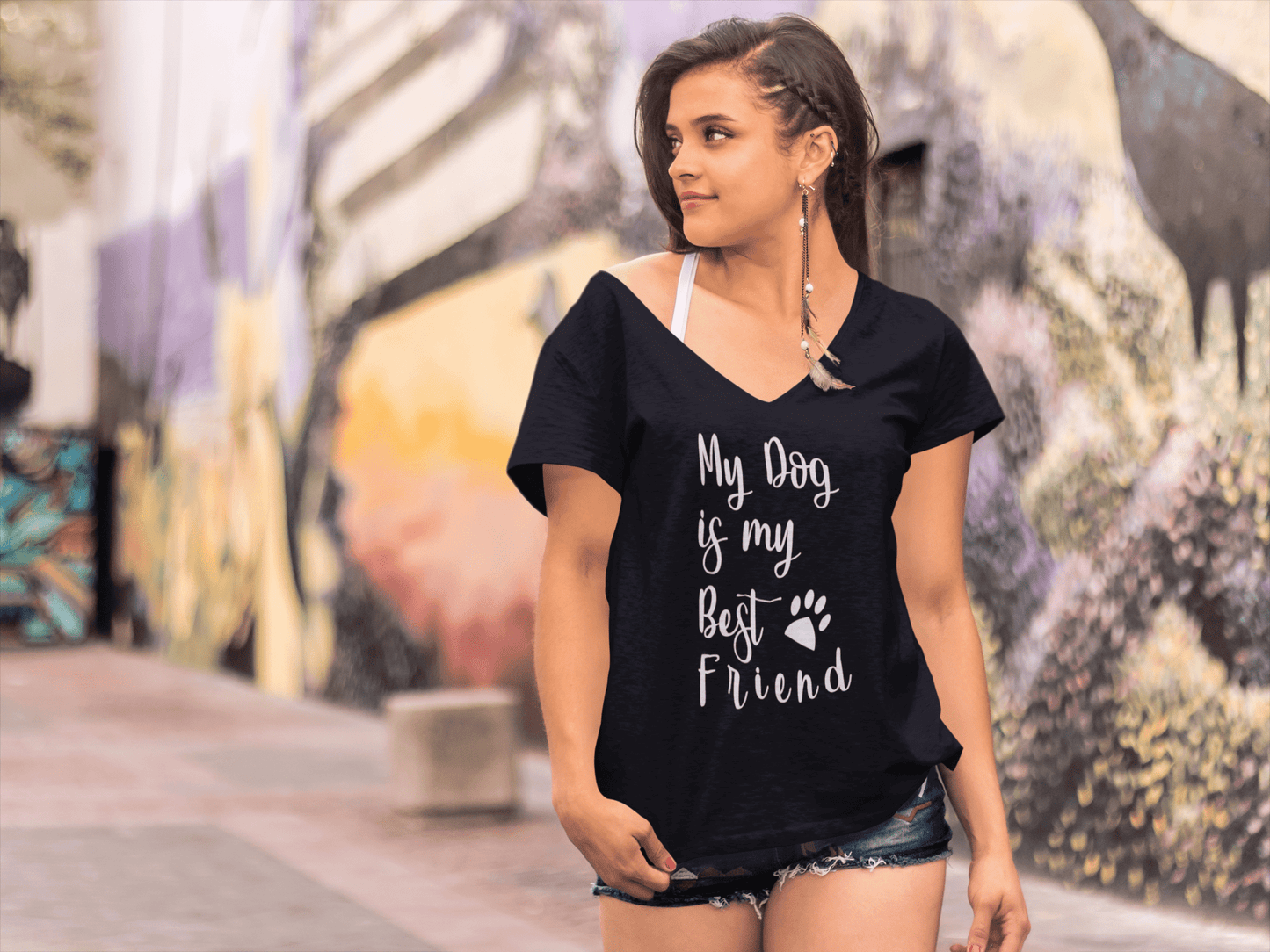 ULTRABASIC Women's V-Neck T-Shirt My Dog Is My Bestfriend - Short Sleeve Tee Shirt Tops