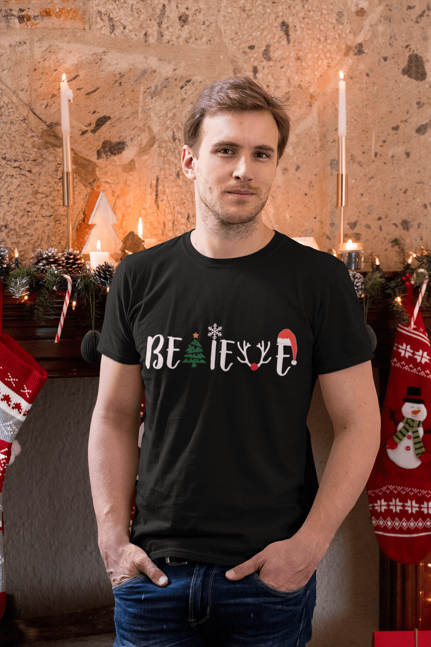 ULTRABASIC - Graphic Men's Christmas Believe Tree T-Shirt Xmas Gift Ideas Deep Black