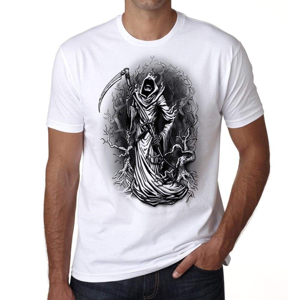 Tribal Grim Reaper Tattoo Mens White Tee 100% Cotton 00162