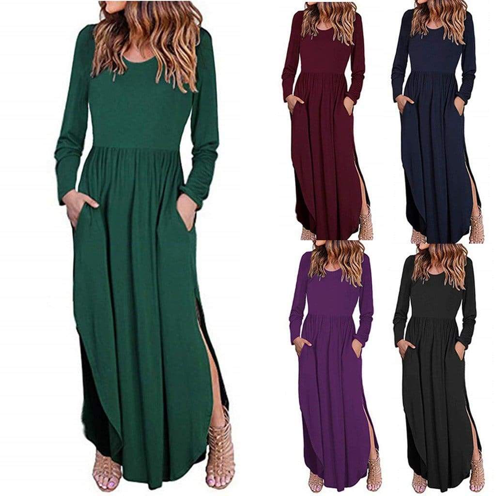 Women Loose Split Waist Swing Long Sleeve Casual Floor Length Maxi Long Dresse