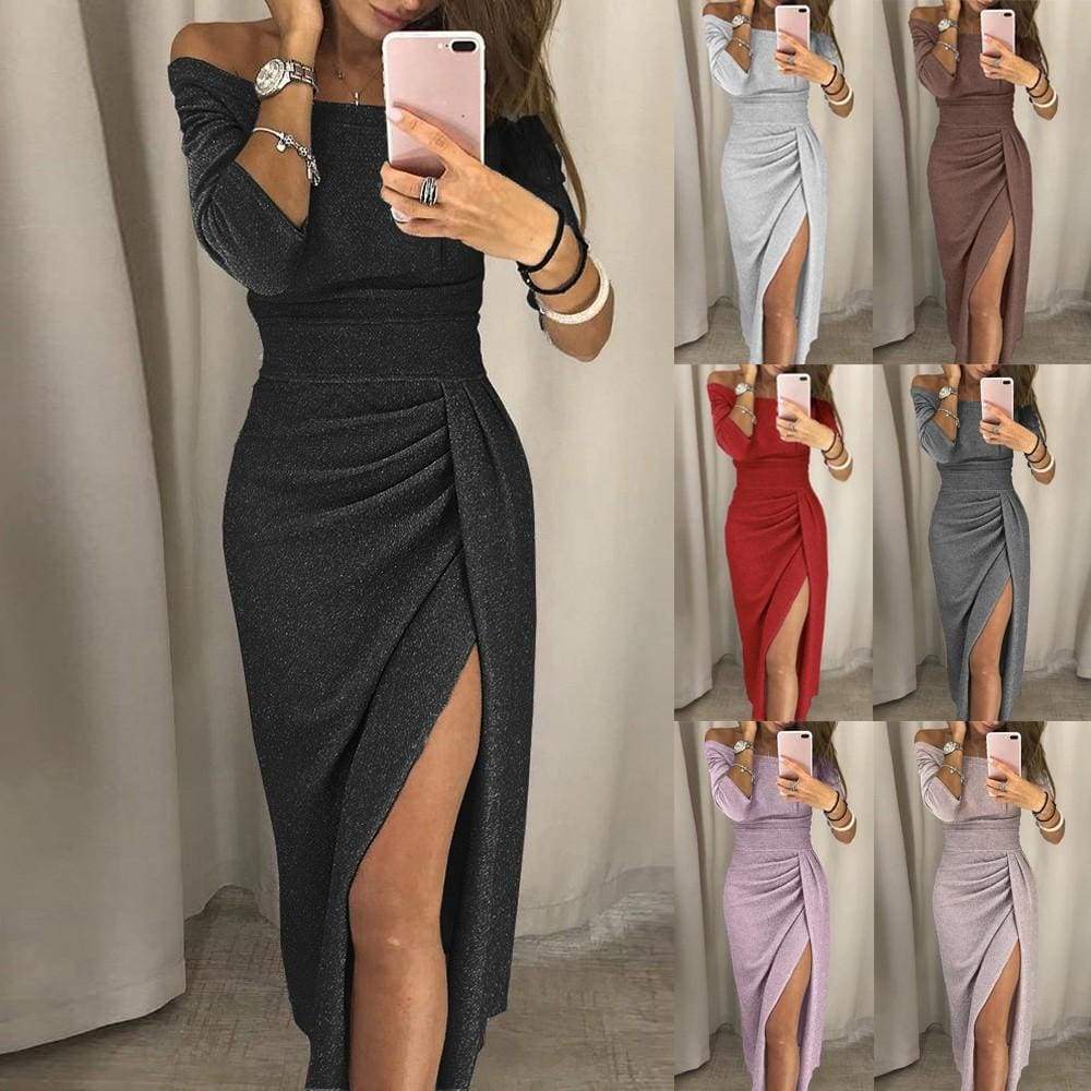 Women Off Shoulder High Slit Bodycon Dress Long Sleeve Dresses